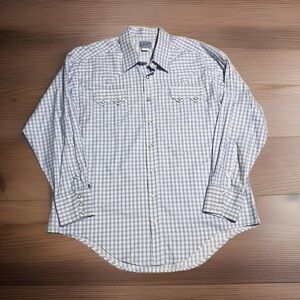 Rockmount Ranch Wear Shirt Blue White Plaid Western Pearl Snap Made USA